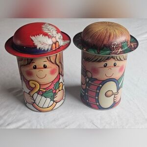 Angel & Drummer Boy Tins w/ Lids Vtg Christmas Holiday Decor Canister Container